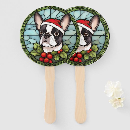 Éventail Vitrail de Noël Boston Terrier (Devant et derrière)