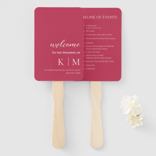 Éventail Viva Magenta-Modern - Programme Monogramme-Mariage (Devant et derrière)