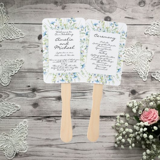 Éventail Watercolor Blue Wildflowers Wedding Programme