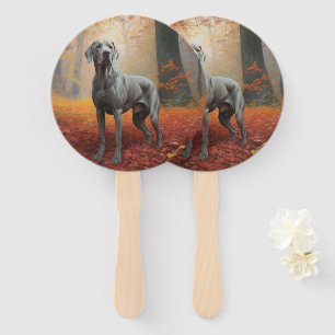 Éventail Weimaraner dans les feuilles d'automne qui tombent