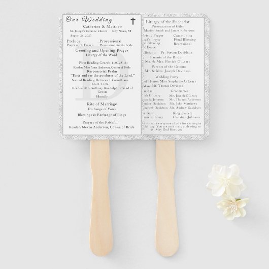 Éventail White Lace catholique programme de mariage monogra (Devant et derrière)