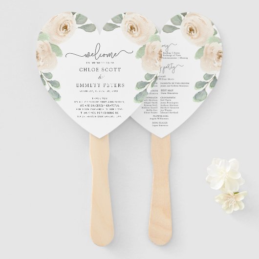 Éventail White Rose Botanical Wedding Programme (Devant et derrière)