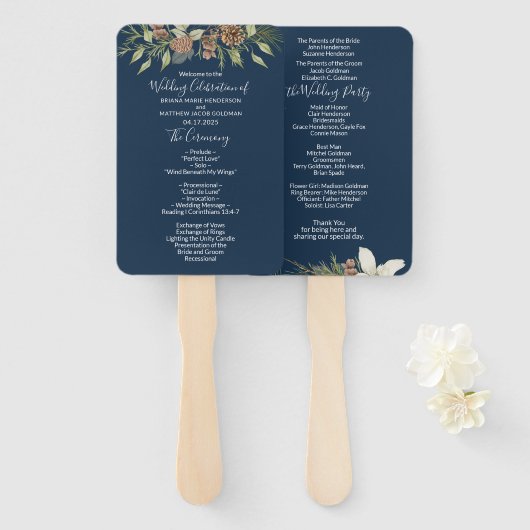 Éventail Winter Navy Blue Elegant Script Wedding Programme (Devant et derrière)