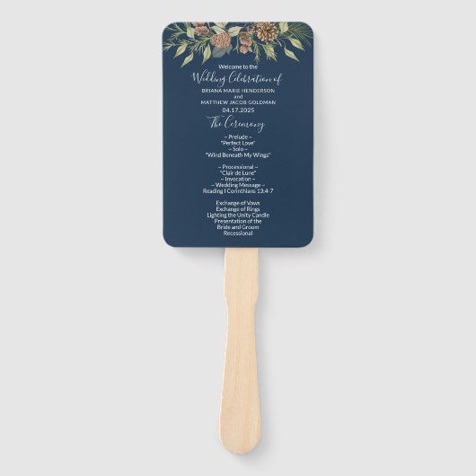 Éventail Winter Navy Blue Elegant Script Wedding Programme (Devant)