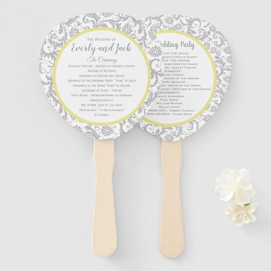 Éventail Yellow Iris et Grey Mariage damassé Programme (Devant et derrière)