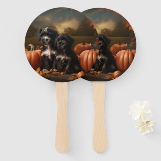 Éventail Yorkipoo Chiot Automne Citrouille délice (Devant et derrière)