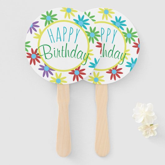 Éventails à main Fleuris Joyeux Anniversaire (Devant et derrière)