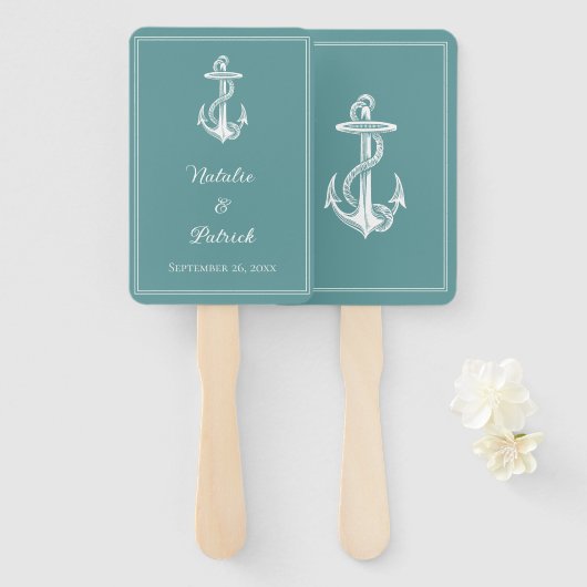 Éventails de mariage à l'ancre nautique sarcelle (Devant et derrière)