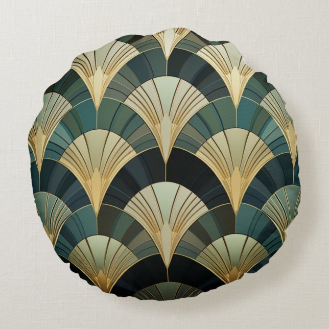 Eventures art deco - Goud op Smaragd Rond Kussen (Achterkant)