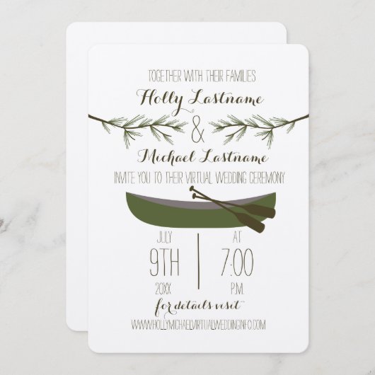 Evergreen bomen + kano virtuele livestream bruilof kaart (Voorkant / Achterkant)