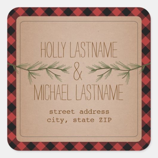 Evergreen Branches Plaid Adres Sticker (Voorkant)