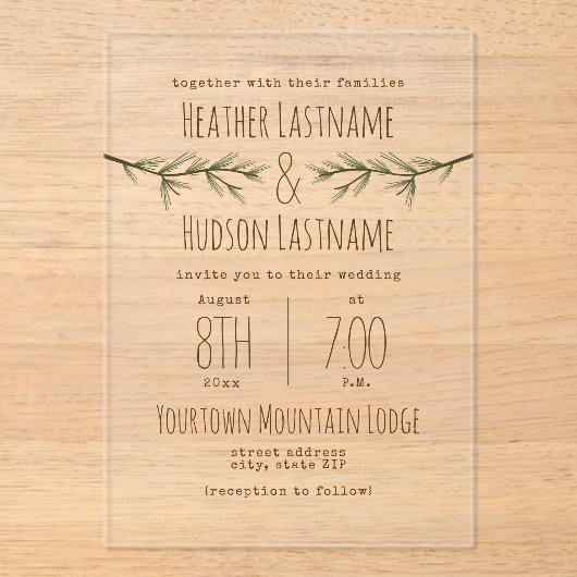 Evergreen Branches Rustic Woodland Wedding Acryl Uitnodigingen (Voorkant)
