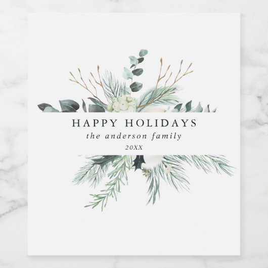 Evergreen & Cotton Flower Prettige feestdagen Eleg Wijn Etiket (Enkel label)