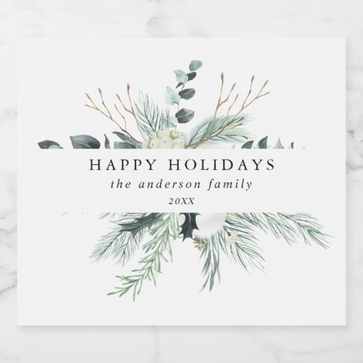 Evergreen & Cotton Flower Prettige feestdagen Sparkling Wijnetiket (Enkel label)