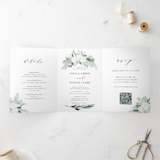 Evergreen & Cotton Flower QR Code RSVP Weddenschap Drieluik Uitnodiging (Binnen)