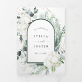 Evergreen & Cotton Flower QR Code RSVP Weddenschap Drieluik Uitnodiging (Cover)