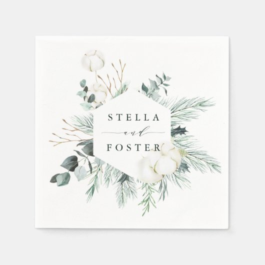 Evergreen & Cotton Flowers Elegant Hexagon Wedding Servet (Voorkant)
