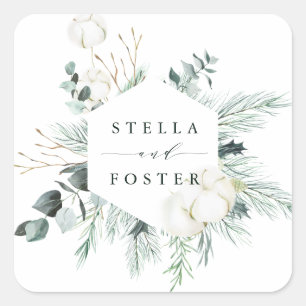 Evergreen & Cotton Flowers Elegant Hexagon Wedding Vierkante Sticker