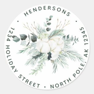 Evergreen & Cotton Flowers Elegant Return Address Ronde Sticker
