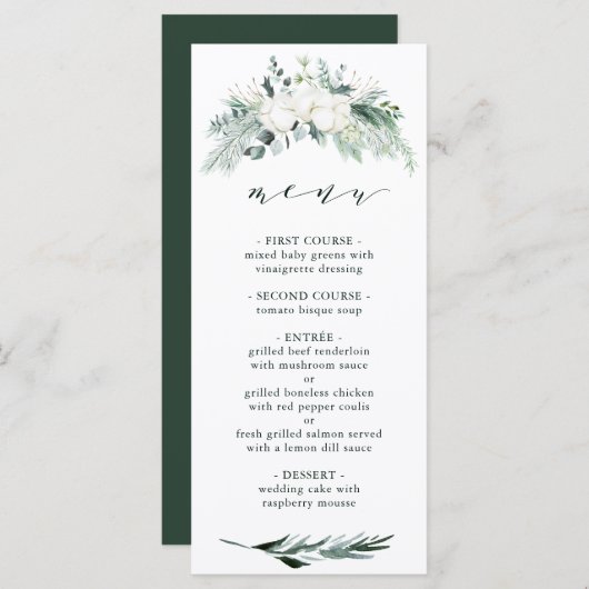 Evergreen & Cotton Flowers Elegant Wedding Menu (Voorkant / Achterkant)