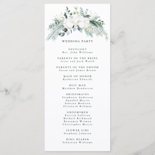 Evergreen & Cotton Flowers Elegant Wedding Program Programma (Achterkant)