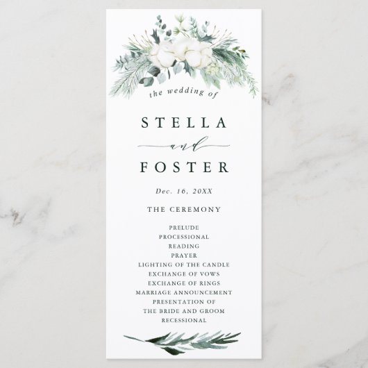 Evergreen & Cotton Flowers Elegant Wedding Program Programma (Voorkant)