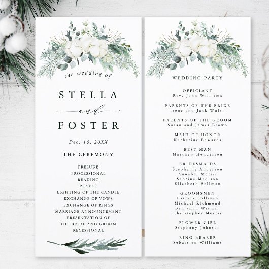 Evergreen & Cotton Flowers Elegant Wedding Program Programma