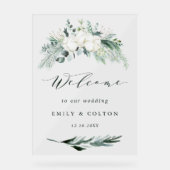 Evergreen & Cotton Flowers Elegant Wedding Welcome Acryl Bord (Voorkant)