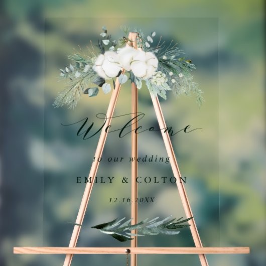 Evergreen & Cotton Flowers Elegant Wedding Welcome Acryl Bord (Neutraal)