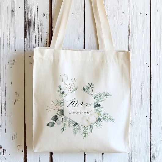Evergreen & Cotton Flowers Mrs. Gepersonaliseerd Tote Bag