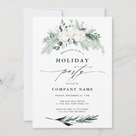 Evergreen & Cotton Flowers Winter Holiday Party Kaart (Voorkant)