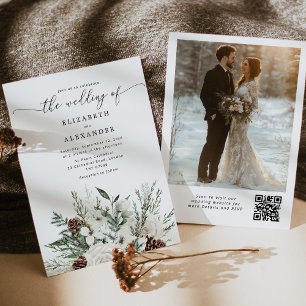 Evergreen elegante winter bruiloft QR code foto Kaart