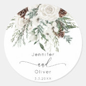 Evergreen elegante winter bruiloft ronde sticker (Voorkant)
