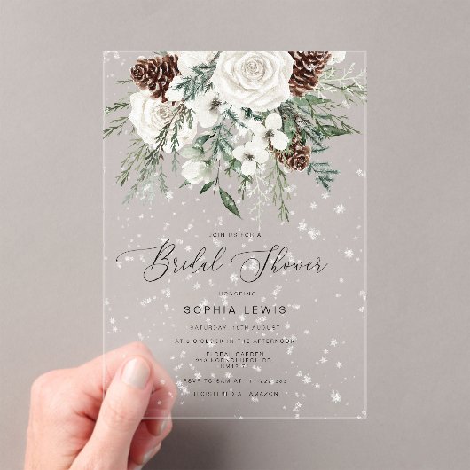 Evergreen elegante wintersneeuw vrijgezellenfeest acryl uitnodigingen (Insitu (Draagbaar))