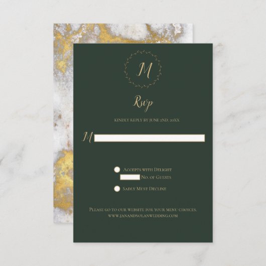 Evergreen en Gold Marble Monogram Verticale RSVP (Voorkant / Achterkant)