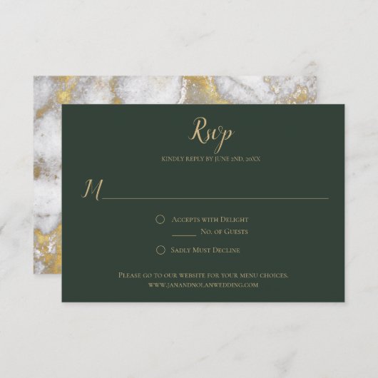 Evergreen en Gold Marble RSVP kaarten (Voorkant / Achterkant)