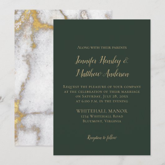 Evergreen en Gold Marble Winter Wedding Kaart (Voorkant / Achterkant)