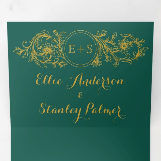 Evergreen en gouden lijst, initialen winterbruilof drieluik uitnodiging (Binnenzijde eerst)