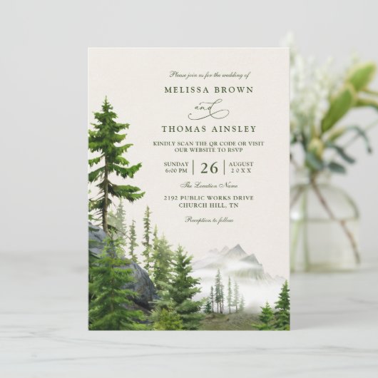 Evergreen Forest Rustic Mountain QR Code Wedding Kaart (Staand voorkant)