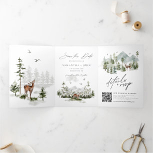 Evergreen Pines Rustieke Bruiloft Save The Date Drieluik Uitnodiging