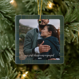 Evergreen Plaid Verloving | Rustic Flannel Tartan Keramisch Ornament