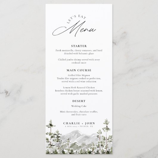 Evergreen Rustic Mountain Forest Boho Wedding Menu (Voorkant)