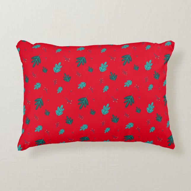 Evergreen Tree Leaves en Red Holly Berries Accent Kussen (Voorkant)