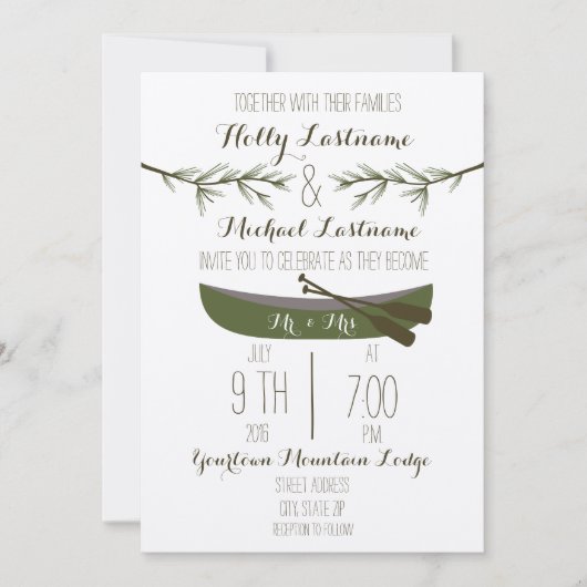 Evergreen Trees + Canoe Wedding Kaart (Voorkant)