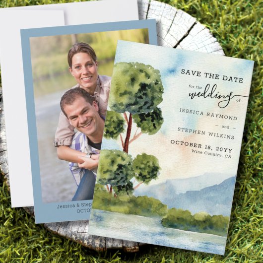 Evergreen-Waterverf en verticale foto Save The Date