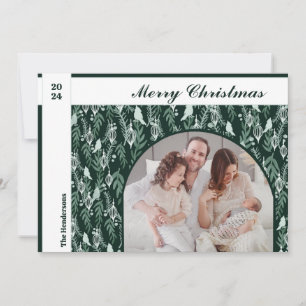 Evergreen White Ribbon Modern One Photo Christmas Feestdagenkaart