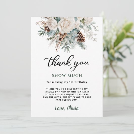Evergreen Winter Eerste Verjaardag Bedankkaart (Staand voorkant)