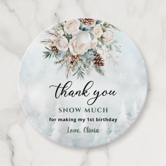 Evergreen Winter Eerste Verjaardag Dank u Bedankjes Labels (Voorkant)