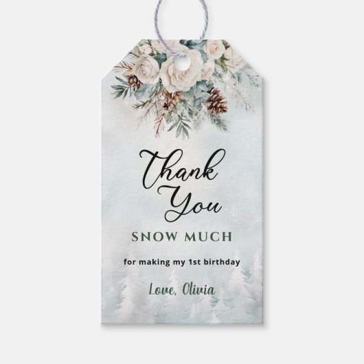 Evergreen Winter Eerste Verjaardag Dank u Cadeaulabel (Voorkant)