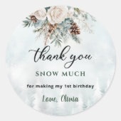 Evergreen Winter Eerste Verjaardag Dank u Ronde Sticker (Voorkant)